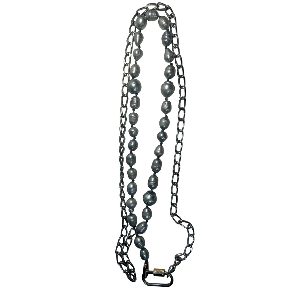 AllSaints Gray‎ Freshwater Pearl Chain Necklace 40" Carabiner Statement Long